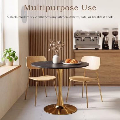 31.5" Round Tulip Dining Table, Circle Tulip Table with MDF Tabletop and Gold Metal Pedestal Base, Mid Century Modern Bistro Table for Kitchen, Dining Room, Cafe (Black and Gold) - color: Black and Gold