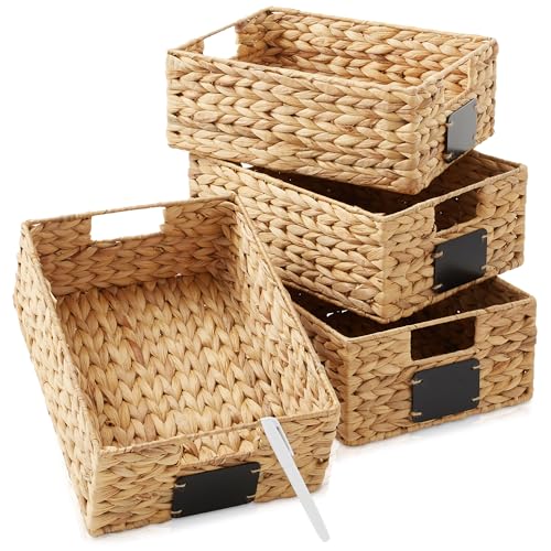 Casafield Set of 4 Water Hyacinth Pantry Baskets, 10" x 13" x 5", with Chalkboard Labels and Chalk Marker - Natural, Woven Storage Bin Organizers for Kitchen Shelves - color: Natural - Hyacinth, size: 10" x 13" x 5"