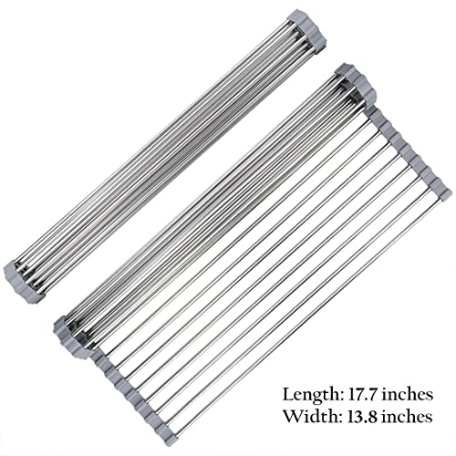 Hhyn Roll-Up Sink Drying Rack 17.7"(L) x 13.8"(W), Gray | Multipurpose Heat Resistant Over The Stainless Steel & Silicone Dish Rollable Kitchen Drainer - size: 17.7"(L) x 13.8"(W)