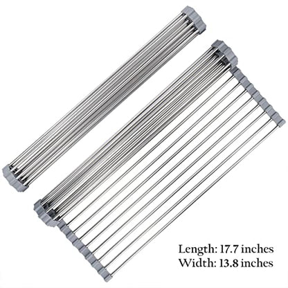 Hhyn Roll-Up Sink Drying Rack 17.7"(L) x 13.8"(W), Gray | Multipurpose Heat Resistant Over The Stainless Steel & Silicone Dish Rollable Kitchen Drainer - size: 17.7"(L) x 13.8"(W)