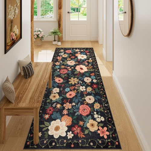 DUKINO 3x7 Kitchen Runner Rug, Washable Rug for Hallway Non Slip, Black | Floral, Low Pile, Soft Indoor Rug for Bedroom, Bathroom, Entryway, Laundry, Pet Friendly, Stain Resistant, Modern Home Decor - color: Black, size: 3' x 7' (Rectangular)