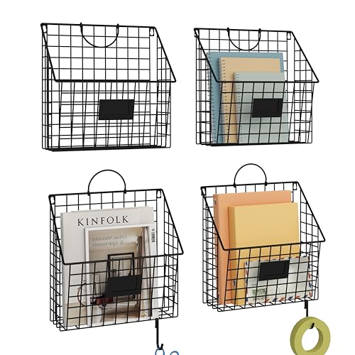 4 Packs Hanging Wall File Organizer with Hooks, Magazine Rack ,Mail Basket | Metal Wall Mounted File Holder Folder with Handles , Home Office Organization for Papers Book, No Assembly Required, Black