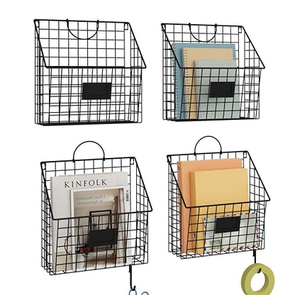 4 Packs Hanging Wall File Organizer with Hooks, Magazine Rack ,Mail Basket | Metal Wall Mounted File Holder Folder with Handles , Home Office Organization for Papers Book, No Assembly Required, Black