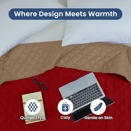 Martex Reversible Coverlet – Full Queen Size Quilt - Lightweight Full Size Bedding– Durable Queen Size Quilts for Bed – Soft - Easy Care Bedding – Khaki/Red - color: Khaki/Red, size: Full/Queen