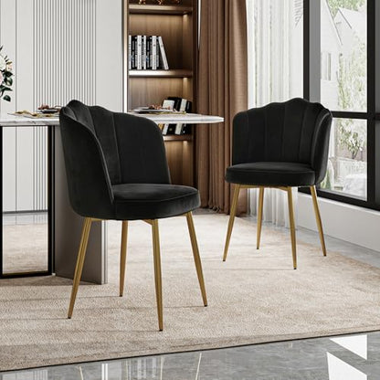VECELO Velvet Dining Chairs Set of 6, Modern Upholstered Kitchen Chairs with Thick Cushions, Curved Padded Backrest and Metal Legs, for Kitchen, Dining Room, Living Room, Black - color: Black, size: Set of 6