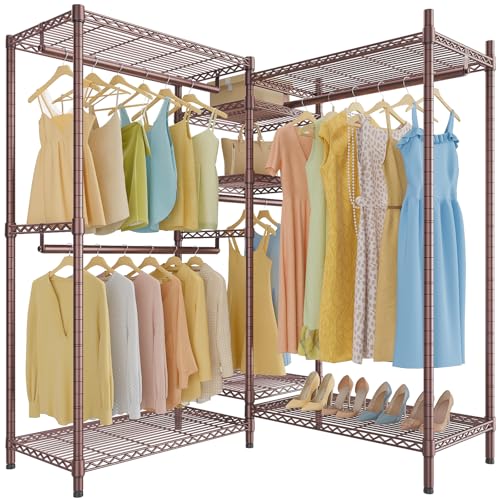 VIPEK L6 L Shaped Clothes Rack for Corner, Heavy Duty Clothing Rack 5-Tier Wire Garment Rack Freestanding Closet with 7 Adjustable Shelves & 4 Hanging Rods, Max Load 850LBS, Bronze - color: Bronze, size: Small