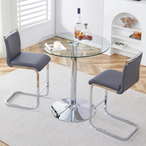 Bar Table and Chairs Set of 2,Round Counter Height Dining Table Set,35” Glass Round Bar Table Set with Grey Bar Stools,Sturdy Silver Chrome Base,Small Pub Table Set for Apartment,Kitchen(36" H - color: Silver&grey