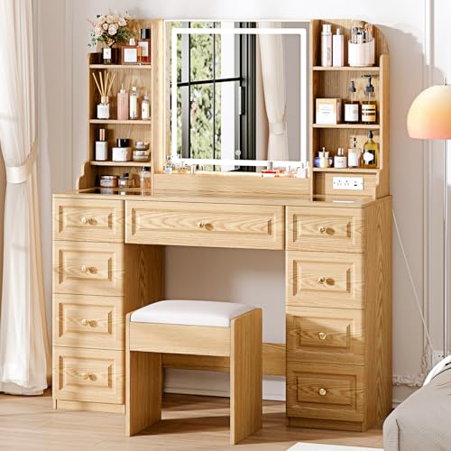 Arulvmrn 43" Makeup Vanity Desk with Mirror and Lights, & Power Outl, Glass Top Big Vanity Table with 9 Drawers& 8 Storage Shelves, Dressing Table Set with Chair for Bedroom, Wood - color: Wood