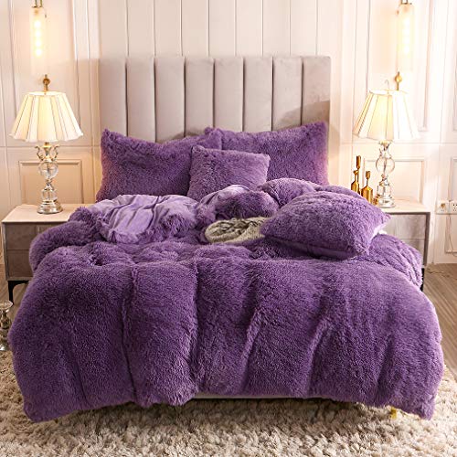 Faux Fur Velvet Fluffy Bedding Duvet Cover Set Down Comforter Quilt Cover with Pillow Shams, Ultra Soft Warm (Queen, Purple) - color: Purple, size: Queen