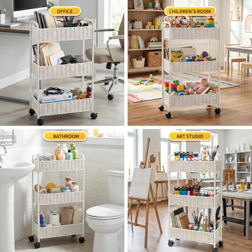 Utility Slim Storage Cart,3-Tier Rolling Kitchen Office Laundry Room Cart,Mobile Shelving Unit Organizer for Living Room Bathroom Baby Diaper Narrow Places (White, UC-White-7.1inch) - color: White