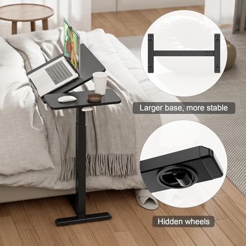 Simple Deluxe Standing Rolling Desk with Hidden Casters, Height Adjustable Pneumatic Mobile Laptop Desk, Tilting Bedside Table for Laptop, Overbed Bedside Table Hospital Home Use, Black - color: Black, style: Tiltable