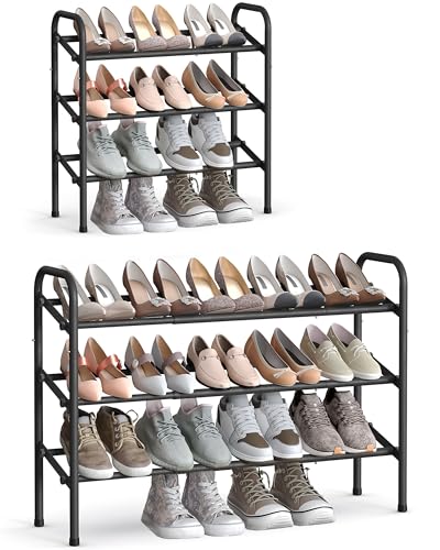 SONGMICS Expandable Shoe Rack, 3 Tier Shoe Rack Shelf, Adjustable Shoe Organizer Storage for 20 Pairs of Shoes, Metal Free Standing Shoe Racks for Closet, Front Door Entryway, Easy Assembly, Ink Black - size: 3 Tier (22.8"H)