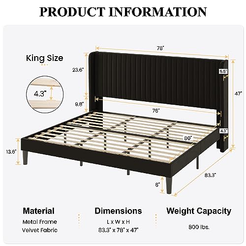 SHA CERLIN King Size Velvet Bed Frame, Tufted Wingback Headboard, Black | 47'' Modern Vertical Channel Headboard, Upholstered Platform Bed, Wood Slats, No Box Spring Needed, Easy Assembly, Noise Free - color: Black, size: King