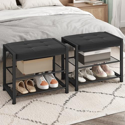 HOOBRO Small Shoe Bench, 3-Tier Shoe Rack, Shoe Storage Bench with PU Seat Cushion, Entryway Shoe Rack Bench with Metal Mesh Shelves, Freestanding Shoe Organizer for Hallway, Black BB33HX01 - color: Black