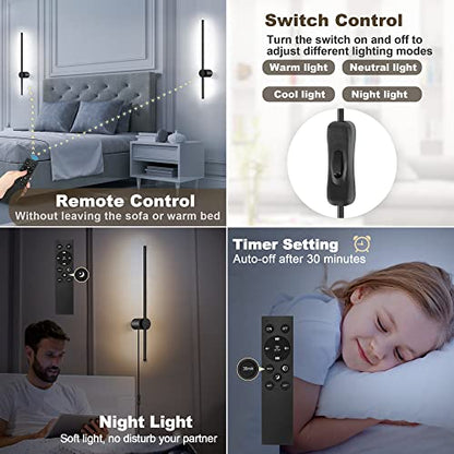 GOODATE Wall Sconces Set of Two with Remote, Stepless Colors 3000K-6500K & Stepless Dimming, Hardwire or Plug-in, 180° Rotate, LED Black Plug in Wall Sconces with Timer & Night Light, 23.6 Inches - color: Black, Stepless Color Temperature: 3000K-6500K, si