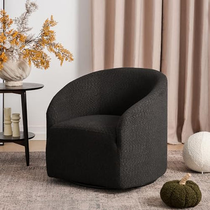 KINWELL 32" Wide Modern Boucle Swivel Barrel Chair, No Assembly Round Upholstered Swivel Accent Armchair for Living Room, Bedroom, Office (Black) - color: Black, style: Set of 1