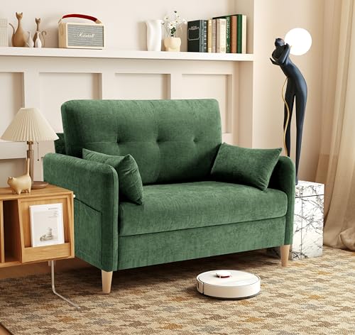 Urhanherry 47" Small Sofa Couch for Bedroom, Soft Chenille loveseat Mini Couch with Throw Pillow and Removable Cushion Cover for Small Spaces, Living Room, Apartment, Dorm, Office(Green) - color: Green