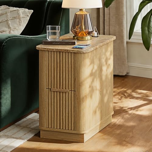 win2win Narrow End Table with Charging Station, Fluted Drawers, Oak | Tall Small Side Table with Storage , Boho Nightstand with Faux Marble Top , Wood Beside Table for Living Room , Bedroom - color: Oak