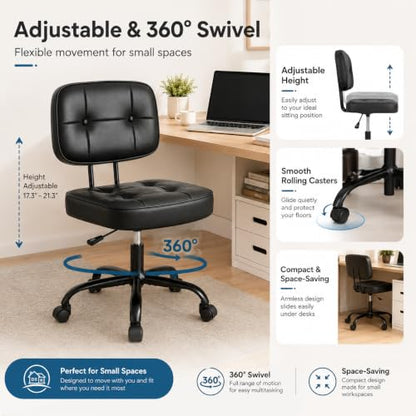 Armless Drafting Chair, Ergonomic PU Leather Home Office Computer Task Chair with Lumbar Support, Height Adjustable Swivel Rolling Chair for Small Spaces, Vanity, Bedroom, Study, Living Room, Black - color: Black -Basic