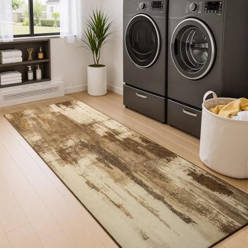 2x6 Hallway Runner Rug Washable Non-Slip Brown Low Pile Carpet | Stain Resistant, Soft Faux Wool, Abstract Pattern for Kitchen Walkway, Laundry Room, Entryway, Hallways - color: Brown, size: 2' x 6'(24''x72'')
