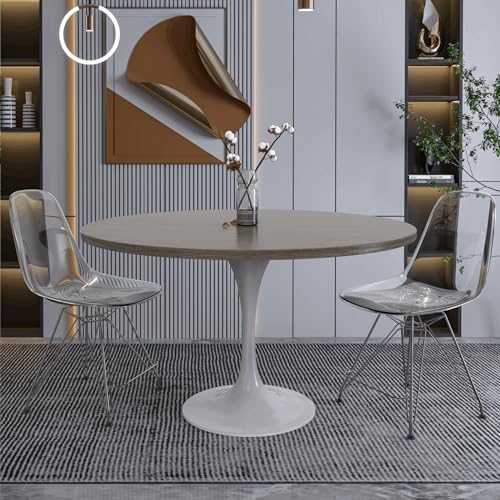 LeisureMod Verve Mid-Century Modern Dining Table with a 48" Round MDF Tabletop and White Steel Pedestal Base for Kitchen and Dining Room (Dark Maple) - color: Dark Maple Wood, size: 48 inch Wide