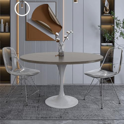 LeisureMod Verve Mid-Century Modern Dining Table with a 48" Round MDF Tabletop and White Steel Pedestal Base for Kitchen and Dining Room (Dark Maple) - color: Dark Maple Wood, size: 48 inch Wide