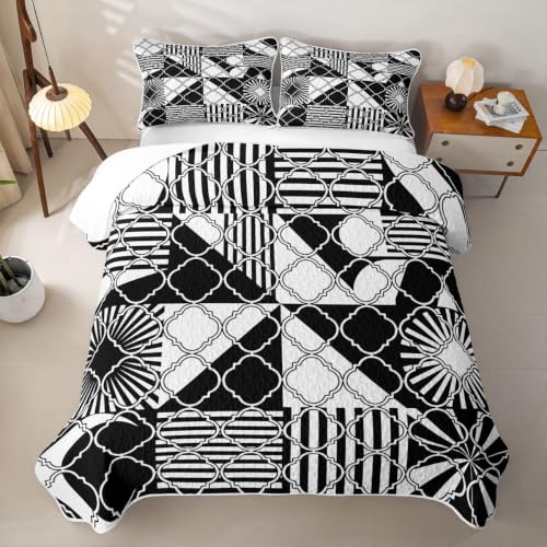 Geometric Stripe Quilted Bedspread King Size,Y2K Retro Line Boho Simple Quilt Bedding Set 3 Pieces,Square Plaid Checkered Classic Bed Covers for All Season,Black White Quilted Coverlet,2 Pillowcases - color: Black White, size: King