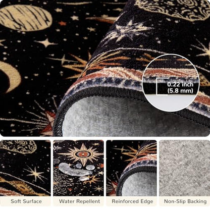 Vacuum-Friendly, 7x9 Washable Area Rug, Black Gold Beige Red | Sun and Moon Boho Gothic Non-Slip Low Pile Living Roon Bedroom Dining Room Kitchen Entry Entryway Entrance Hallway Doormat - color: Black/Gold/Beige/Red, size: 7' x 9' (Rectangular)