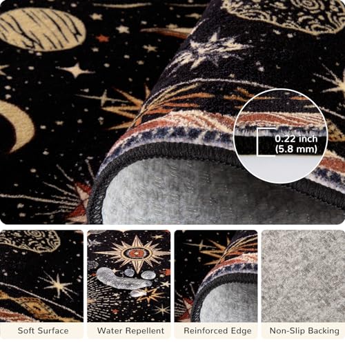 Vacuum-Friendly, 5x8 Washable Area Rug, Black Gold Beige Red | Sun and Moon Boho Gothic Non-Slip Low Pile Living Roon Bedroom Dining Room Kitchen Entry Entryway Entrance Hallway Doormat - color: Black/Gold/Beige/Red, size: 5' x 8' (Rectangular)