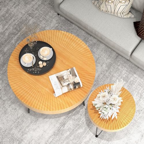 Giantex Boho Round Coffee Table Set of 2, Sofa Side Nesting Table with Solid Pine Wood Top, Metal Legs & Adjustable Foot Pads, 31.5" D Large Table Set for Living Room (Radial Pattern, Natural) - color: Natural, style: Radial Pattern