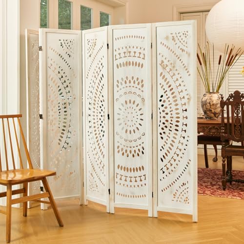 Svimi Room Divider Wood Carved Wall Divider Indoor Folding Bohemian Style Portable Partition Screen for Home Office Garden Terrace - 6 Panels (Antique, White-Washed)
