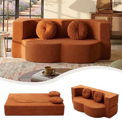 76" Convertible Folding Futon Sofa Bed, Queen Sleeper Sofa with Pillow, Teddy Floor & Futon Loveseat Couch, Foam Folding Mattress Sleeper for Living Room, Guest Use, Apartment, No Assembly (Orange) - color: Orange