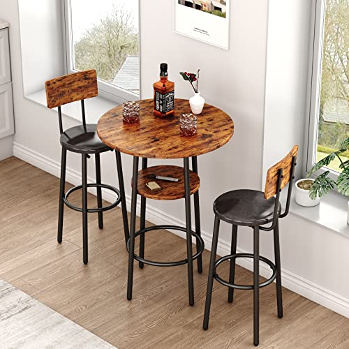 KIVENJAJA 3-Piece Bar Table Set for 2, Small 2-Tier Round Bistro Pub Dining Table & PU Upholstered Stools with Backrest, Counter Height Table and Chairs Set for Kitchen Small Space, Rustic Brown - color: Rustic Brown