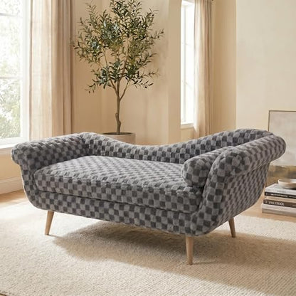 ERYE Upholstered Left Facing Chaise Lounge Chair W/Scroll Arms and Wood Legs, Elegant Chaise Lounge Square Pattern Accent Recliner Lounger Sofa for Living Room Bedroom - color: Smoke Grey Faux Fur/L