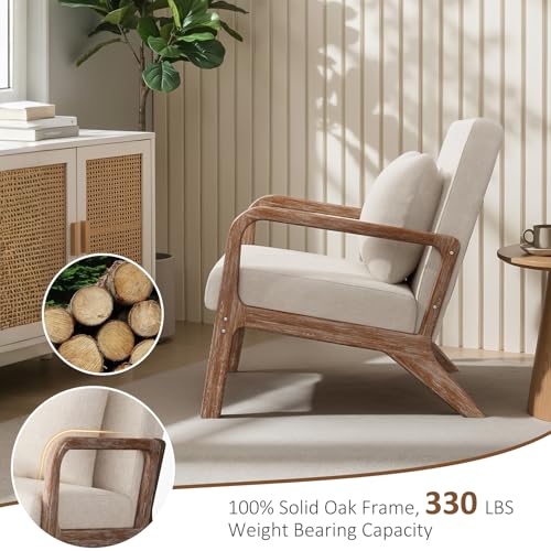 Mid Century Accent Chair with Solid Oak Frame & Linen Fabric, Beige | Upholstered Lumbar Pillow Lounge Chair Linen Fabric Cozy Leisure Chair Walnut Living Room Chair for Bedroom Waiting Room - color: Weathered Oak - Beige Fabric, style: 1 PCS