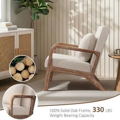 Mid Century Accent Chair with Solid Oak Frame & Linen Fabric, Beige | Upholstered Lumbar Pillow Lounge Chair Linen Fabric Cozy Leisure Chair Walnut Living Room Chair for Bedroom Waiting Room - color: Weathered Oak - Beige Fabric, style: 1 PCS