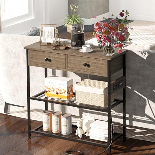 GIANTEX Industrial Console Table with Outlets, 3-Tier Narrow Entryway Table | Long Sofa Table w/ USB Ports, 2 Storage Drawers, Entry Table for Living Room, Hallway, Corridor, Behind Couch Use, Gray