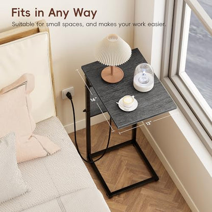 C Shaped End Table with Charging Station, C Table End Table Adjustable Height, Small Side Table for Couch, Sofa Table Slide Under Couch TV Tray Arm Table for Living Room, Bedroom, Gray Walnut - color: Gray Walnut, style: With Plug