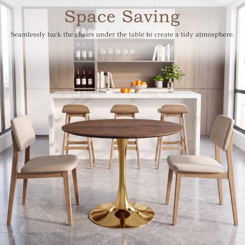 31.5" Round Tulip Dining Table, Circle Tulip Table with MDF Tabletop and Gold Metal Pedestal Base, Mid Century Modern Bistro Table for Kitchen, Dining Room, Cafe (Walnut and Gold) - color: Walnut and Gold