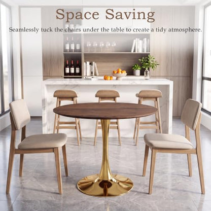 31.5" Round Tulip Dining Table, Circle Tulip Table with MDF Tabletop and Gold Metal Pedestal Base, Mid Century Modern Bistro Table for Kitchen, Dining Room, Cafe (Walnut and Gold) - color: Walnut and Gold