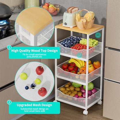 HapiRm Fruit Basket Kitchen Cart - 4-Tier Rolling Storage Cart with Wheels, Wood Top Utility Pantry Cart for Vegetables, Potatoes, Onions, Bread, Snacks - color: White