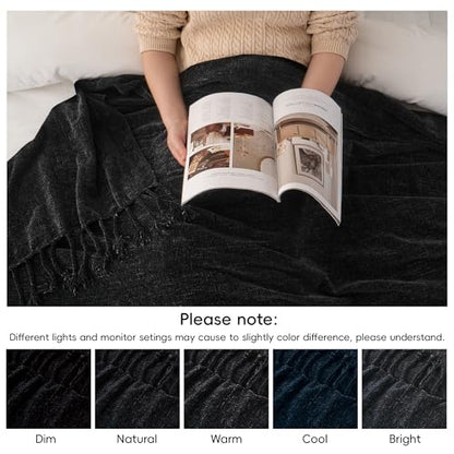 BATTILO HOME Black Chenille Throw Blanket, 50 x 60 Inches | Soft Chenille Knit with Handmade Fringe Tassels, Lightweight, Cozy and Less Prone to Tangling for Couch, Bed or Chair - color: Black