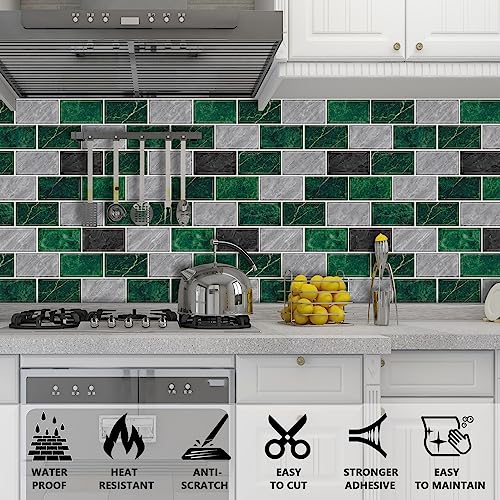 URCOLOR 10-Sheet Peel and Stick Backsplash Tile for Kitchen,12"x12" Self Adhesive Wall Tiles Stick on Back Splashes for Bathroom Green Marble Look - color: Green