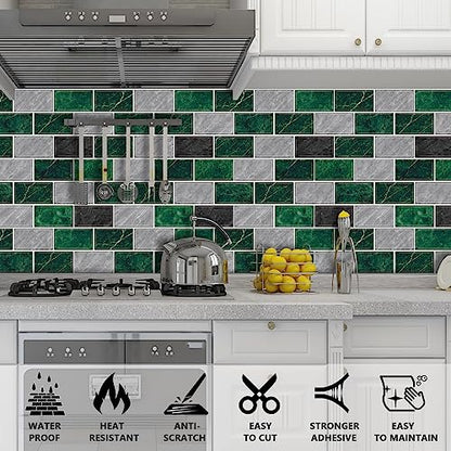 URCOLOR 10-Sheet Peel and Stick Backsplash Tile for Kitchen,12"x12" Self Adhesive Wall Tiles Stick on Back Splashes for Bathroom Green Marble Look - color: Green