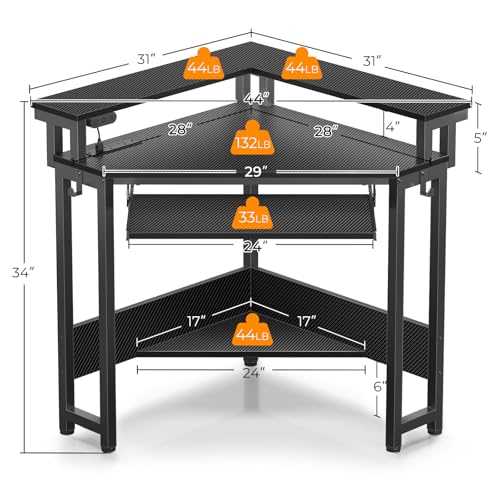 Rolanstar Corner Desk,44" W x 34" H Small Computer Desk with Power Outlets, Gaming Desk with LED Lights, Triangle Corner Table with Keyboard Tray & Monitor Stand for Small Space, Black