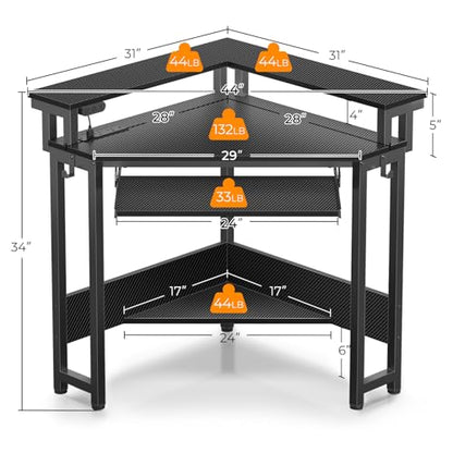 Rolanstar Corner Desk,44" W x 34" H Small Computer Desk with Power Outlets, Gaming Desk with LED Lights, Triangle Corner Table with Keyboard Tray & Monitor Stand for Small Space, Black
