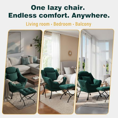 Lazy Chair with Ottoman, Comfy Reading Chair for Bedroom, Green | Comfy Bedroom Accent Chair with Washable Removable Cover and extra throw pillow for Living Room Dorm - color: Peach Dark Green-1