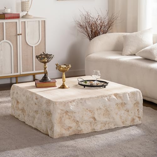 35.43'' Square Faux Stone Coffee Table, MgO Concrete Drum Center Table, Modern Minimalist Faux Marble Square Coffee Table for Living Room, Apartment, Office, No Assembly, Beige - color: 35.43'' Square Beige