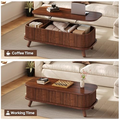 knoworld Fluted Lift Top Coffee Table with Storage, 47" Oval Coffee Table with 3-Partition Hidden Compartment, Mid Century Modern Wood Center Table for Living Room, Work & Dining from Sofa, Walnut