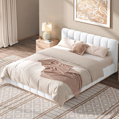 Majnesvon Queen Size Upholstered Bed Frame, Soft Boucle Bed Frame with Headboard, Low Profile White Platform Bed with Wood Base - size: Queen (U.S. Standard)